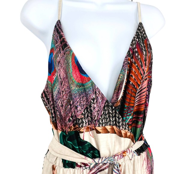 CBR Women Small V Neck Peacock Print Slit Casual Beach Spaghetti Strap Jumpsuit - Picture 3 of 9